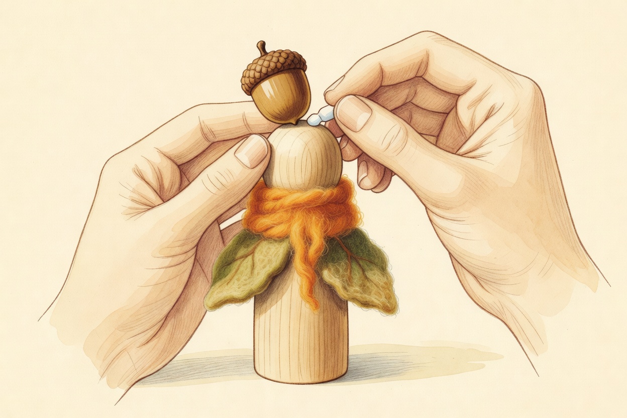 Watercolor acorn child peg doll with orange wool roving and acorn cap being glued into place