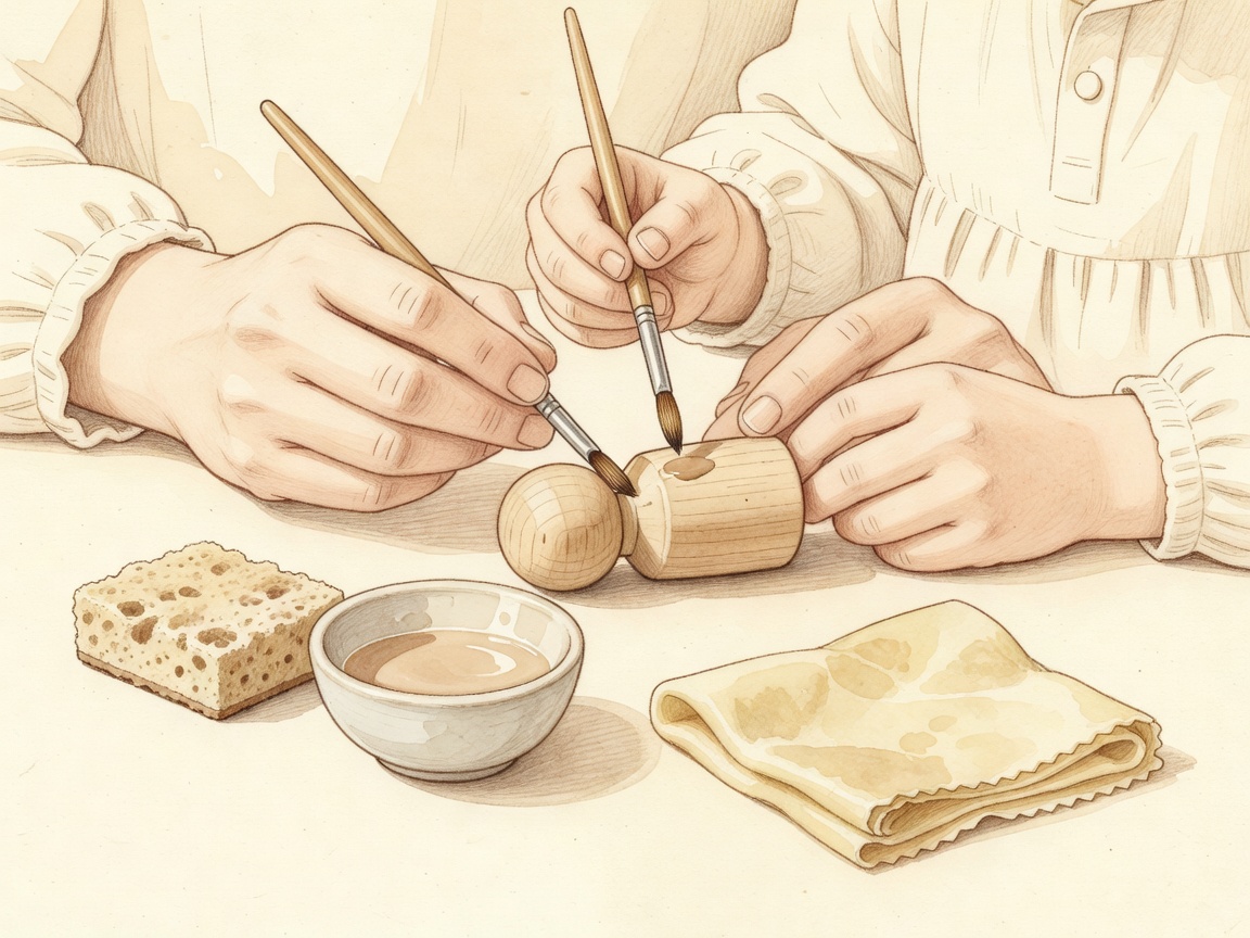 Watercolor adult and child hands staining wooden peg dolls with transparent watercolor and beeswax finish nearby
