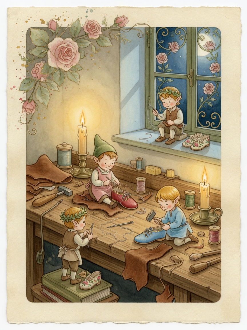 Watercolor illustration of tiny elves sewing shoes at a shoemaker's bench