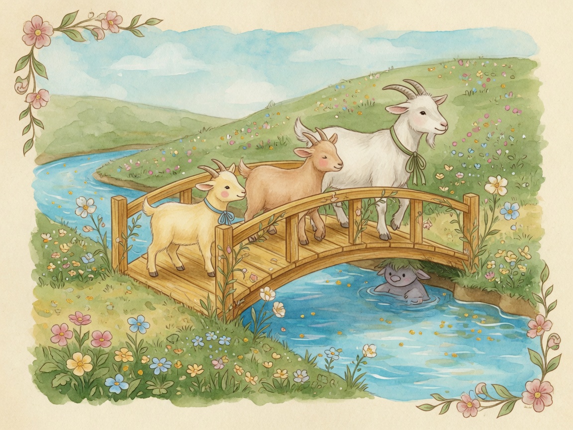 Watercolor illustration of three billy goats crossing a bridge