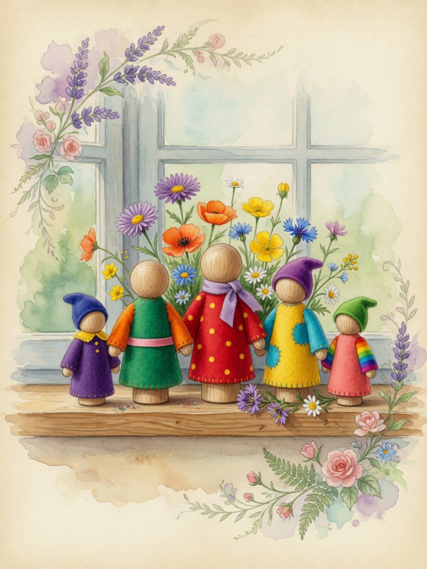 Watercolor finished family of handmade wooden peg dolls on a homeschool nature table