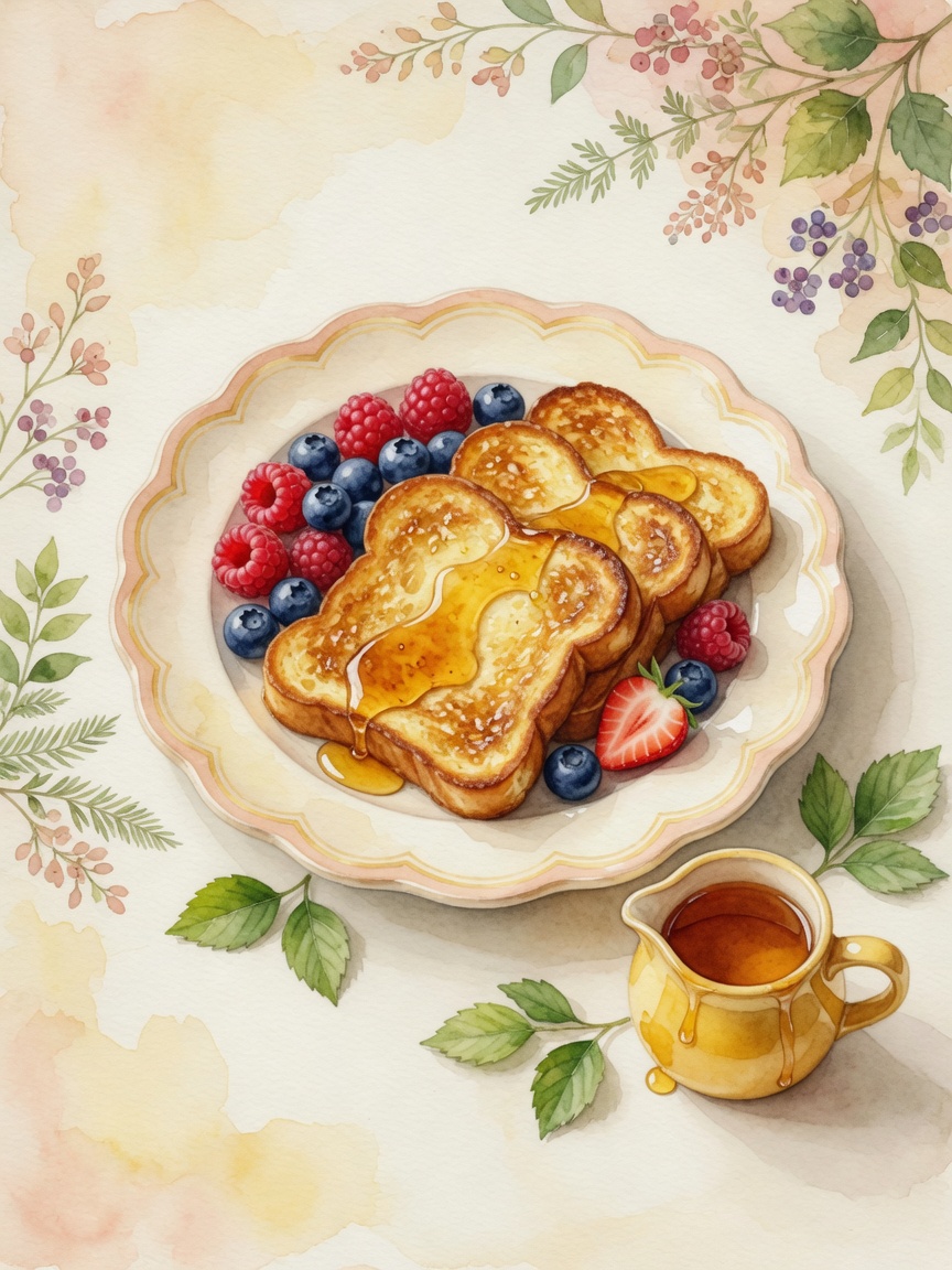 Watercolor berry French toast breakfast table with flowers