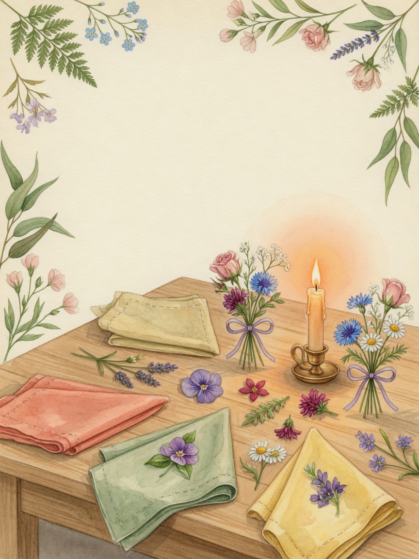 Watercolor place cards, flowers, napkins, and crayons at a table