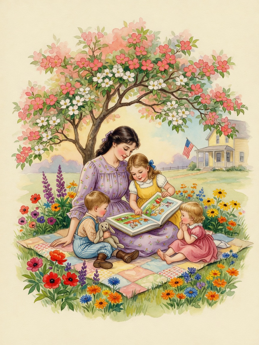 Watercolor of a mother reading a storybook to three children under a flowering tree