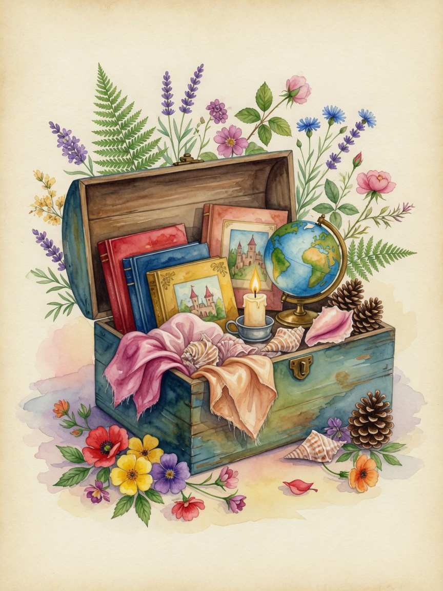 Watercolor of a wooden chest of storybooks, shells, silks, and treasures