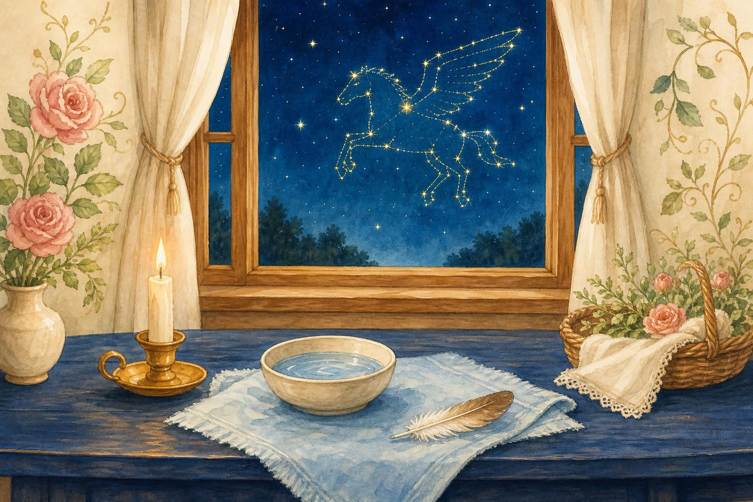 Watercolor nature table by a window with Pegasus stars in the night sky