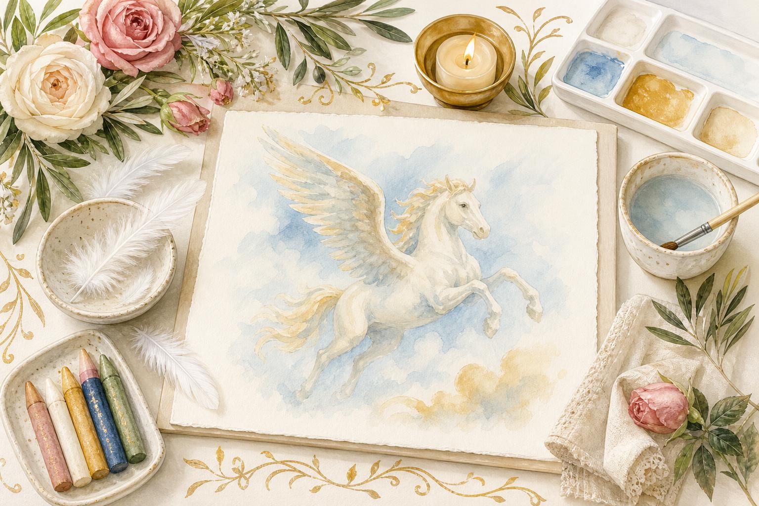 Watercolor table set with Pegasus lesson materials, paints, candle, feathers, and cloth
