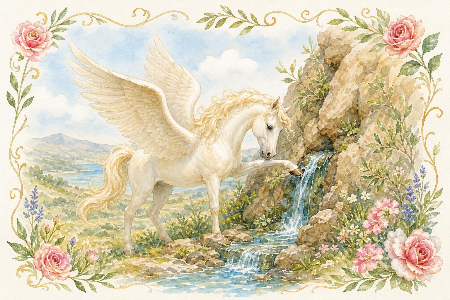 Watercolor Pegasus striking a spring from a rocky hillside