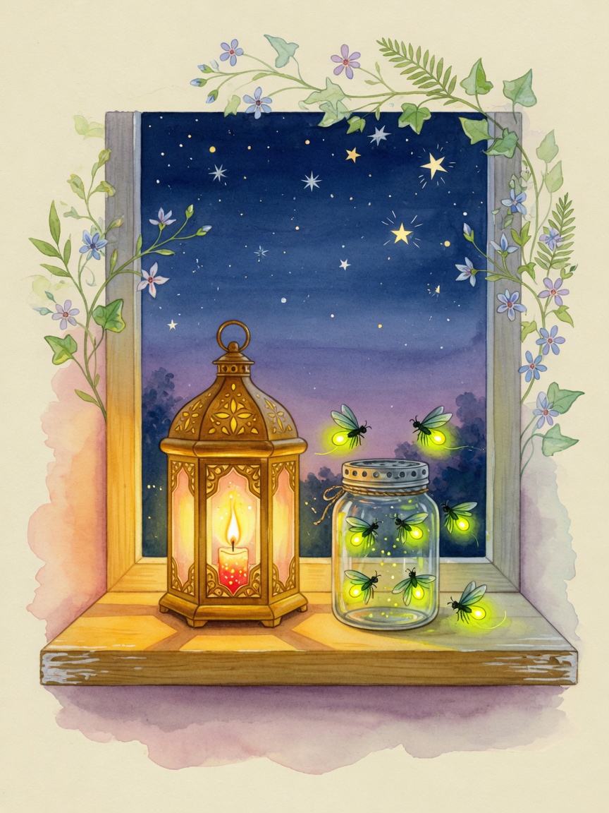 Watercolor lantern glowing at dusk