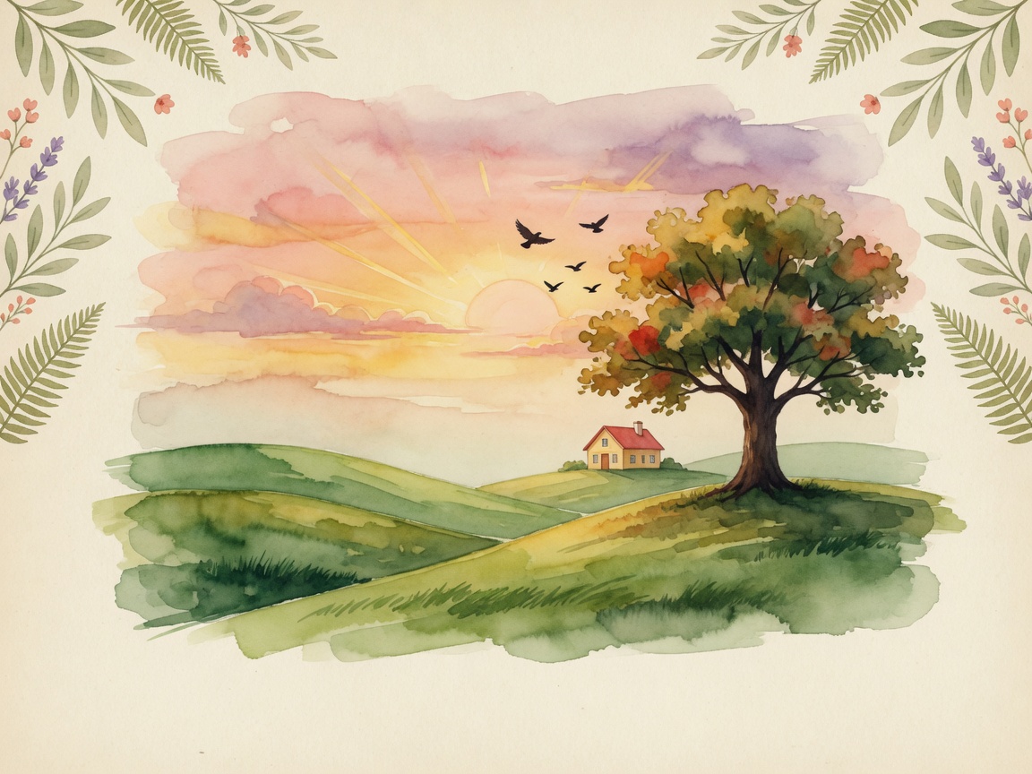 Watercolor sunrise over green hills