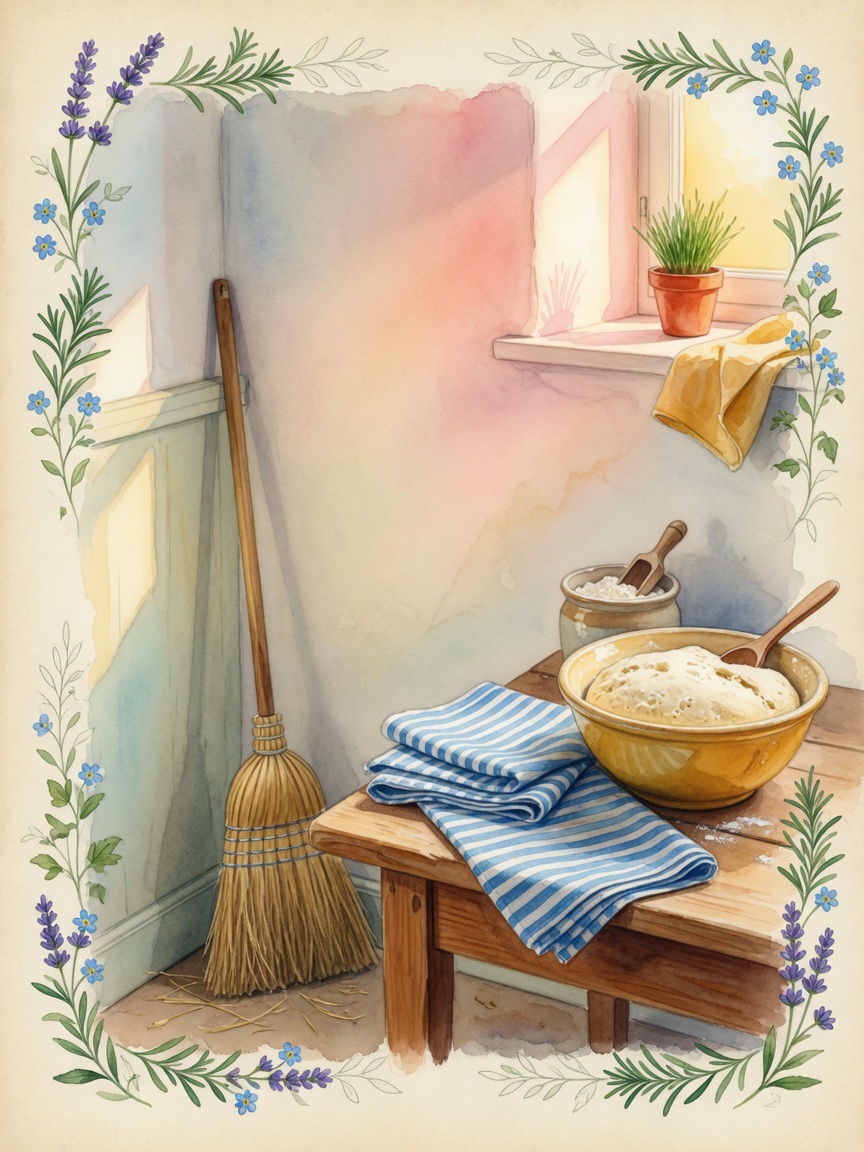 Watercolor tidy kitchen with bread dough
