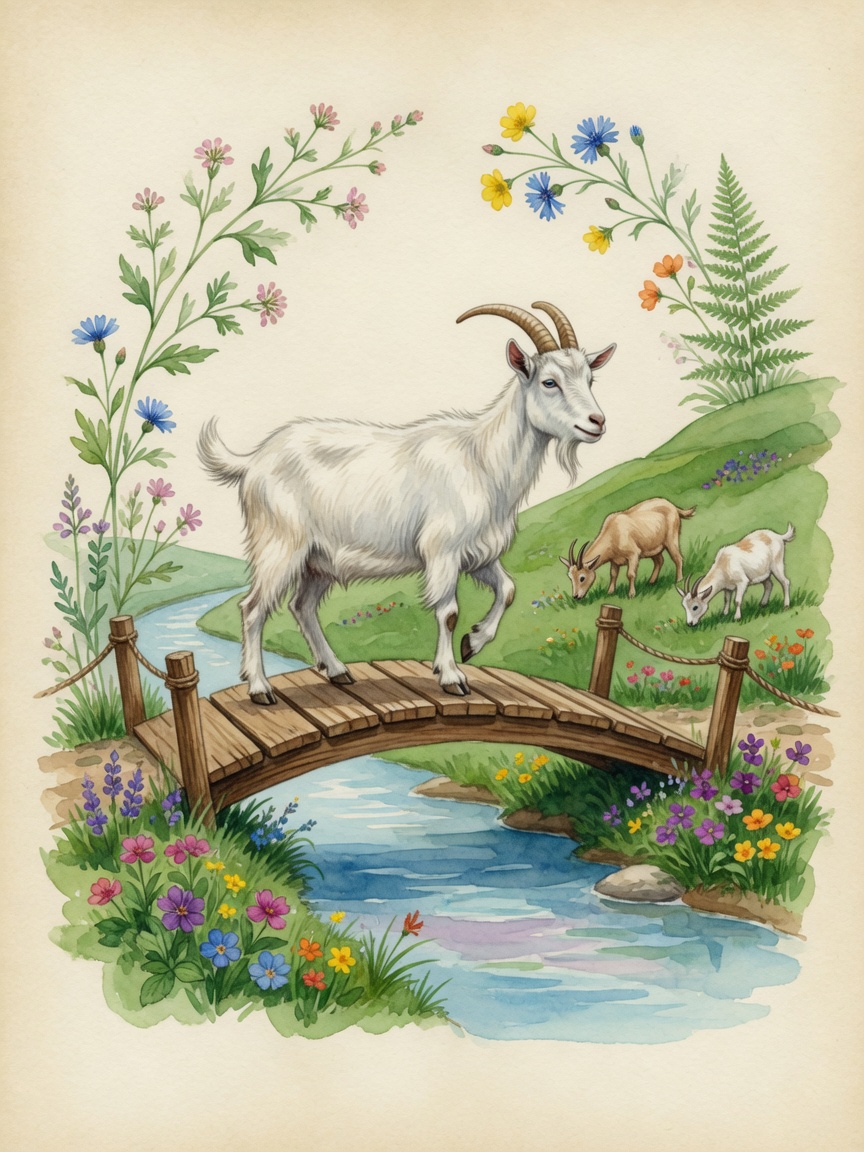 Waldorf Art Nouveau watercolor illustration of three billy goats crossing a bridge