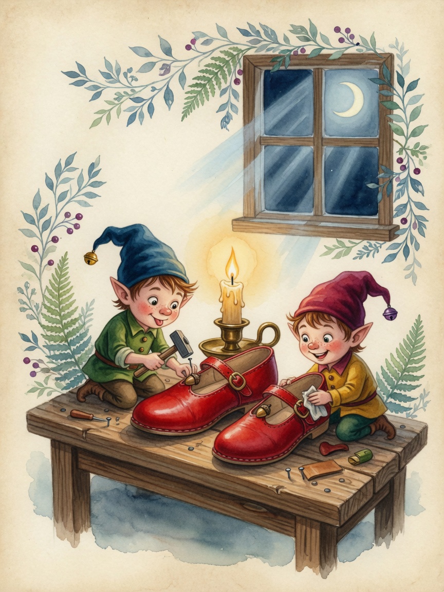 Waldorf Art Nouveau watercolor illustration of tiny elves sewing shoes at a shoemaker's bench