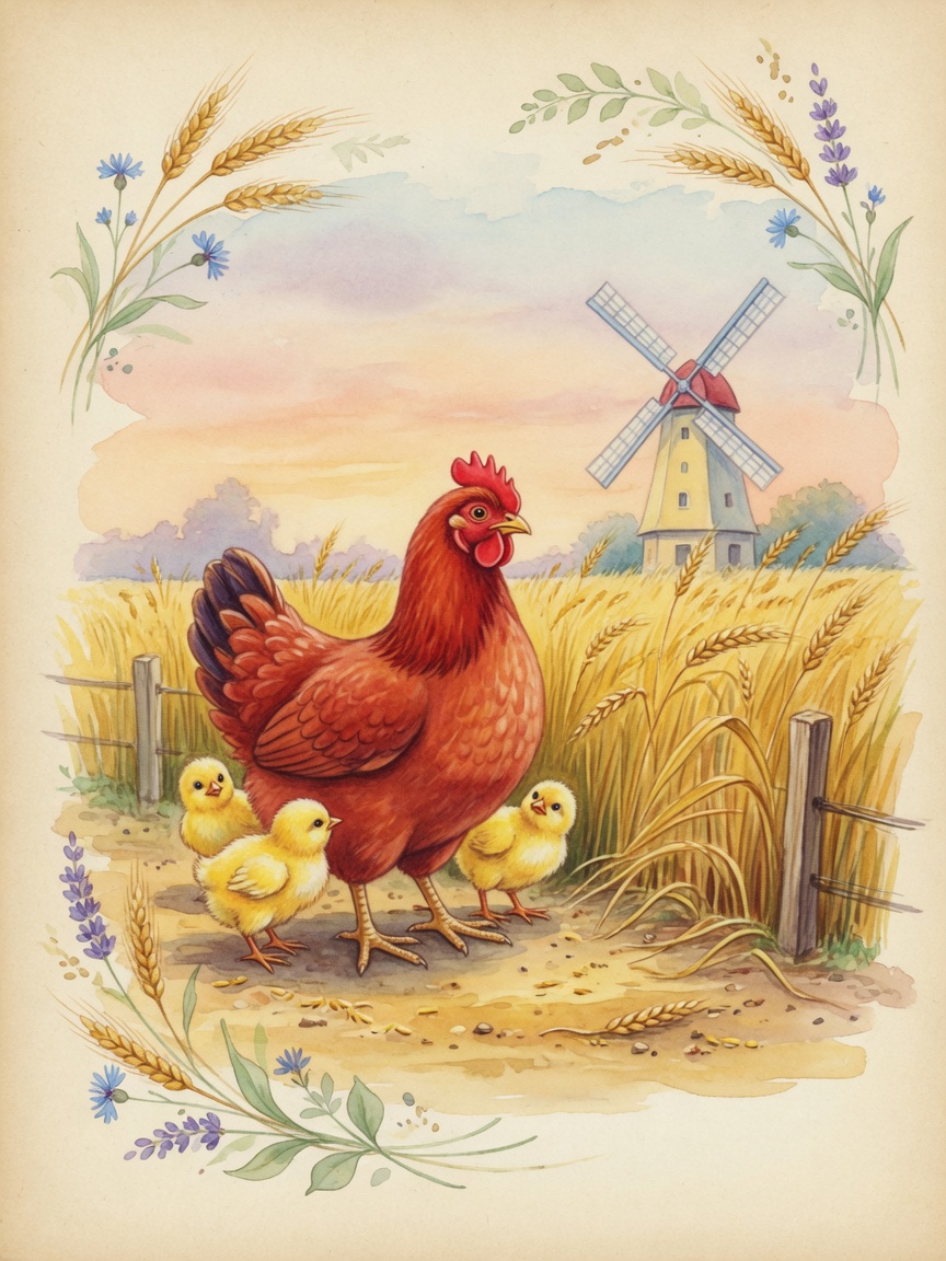 Waldorf Art Nouveau watercolor illustration of the Little Red Hen with wheat and bread
