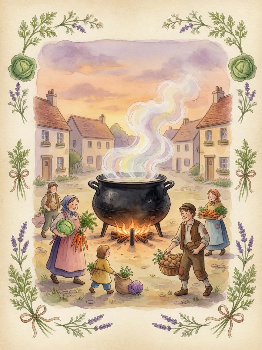 Watercolor finished Stone Soup feast with bowls, bread, flowers, and candle