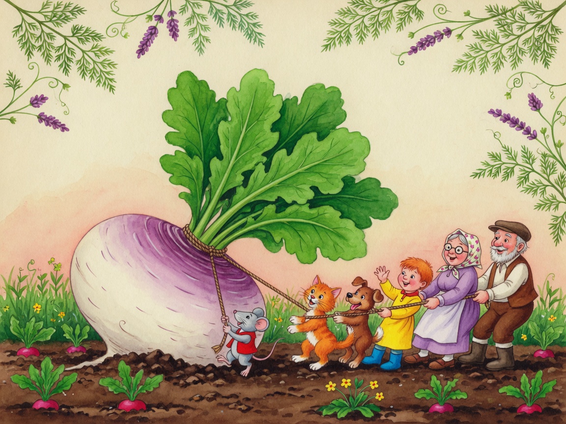 Waldorf Art Nouveau watercolor illustration of helpers pulling an enormous turnip from a garden